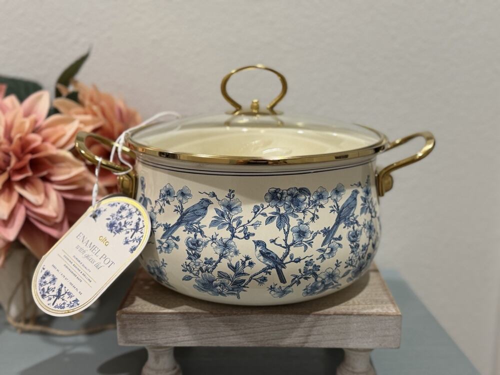 Alta Blue Floral Bird Patterned Enamel Pot w/glass lid and golden handle 3.75 Qt